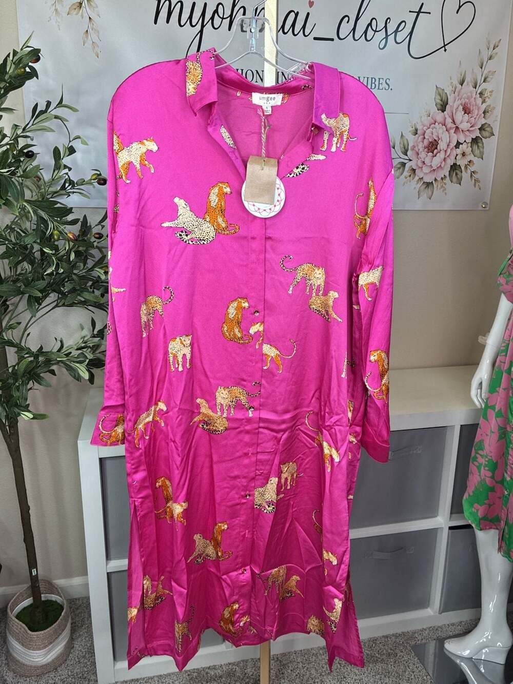 Umgee Satin Cheetah Print Button-Down Midi Shirt Dress in Magenta Pink - Picture 2 of 11